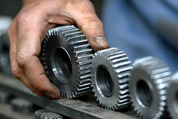 Poster - Worker inspecting gears in factory