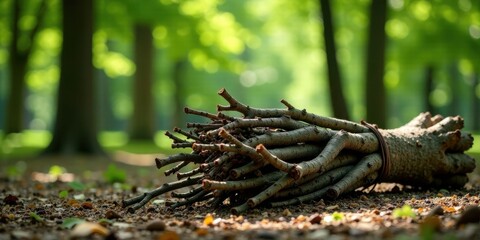 Poster - Bundle of branches resting on forest floor in dappled sunlight, a tranquil scene of nature's simplicity