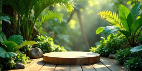Poster - Lush Greenery Backdrop with Wooden Display Platform for Product Presentation in a Tranquil Garden Setting