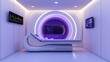 © Phisan - A futuristic medical room featuring a sleek examination bed and glowing circular designs, illuminated by purple and white lights.