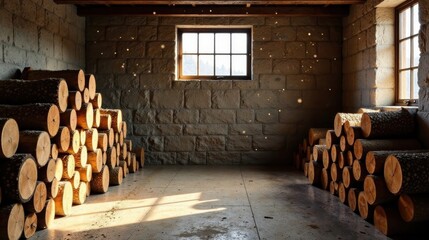 Aufkleber - Rustic Stone Room Filled with Stacked Wood Logs, Bathed in Sunlight and Winter's Gentle Snowfall