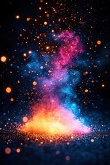 Colorful explosion of light and particles creating a mesmerizing abstract formation in a dark environment