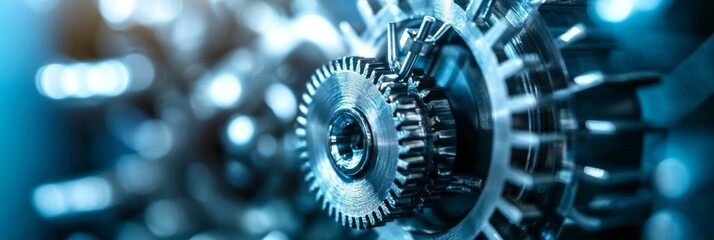 Poster - Close Up, Macro View Of Interlocking Metal Gears And Complex Machinery Components With Blue Tint