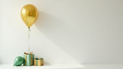 Poster - A golden balloon floats gracefully above presents, casting a warm shadow on a minimalist white background, symbolizing joy and celebration.