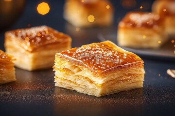 Flaky layered pastry with golden crust, topped with sugar crystals, creating delightful dessert. Perfect for celebrations and gatherings, this treat is visually appealing and delicious