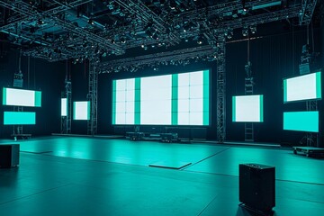 Fototapete - Behind the scenes shot of virtual production stage with huge LED screens.