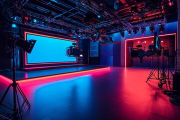 Fototapete - Behind the scenes shot of virtual production stage with huge LED screens.