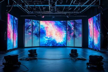 Fototapete - Behind the scenes shot of virtual production stage with huge LED screens.