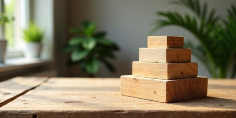 Aufkleber - Wooden blocks forming a pyramid shape on a wooden table with blurred plants in the background