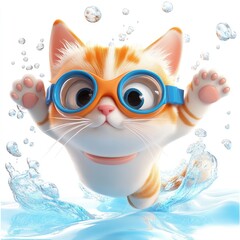  Cute Cat with Swim Goggles Splashing in Clear Water Joyfully