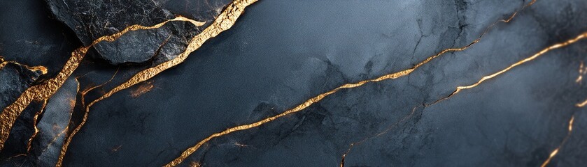 Poster - Dark marble surface features striking liquid gold veins that create a sense of luxury and depth. This unique combination evokes a mysterious and sophisticated atmosphere
