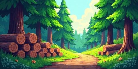 Aufkleber - A Serene Forest Path Flanked by Stacks of Timber Logs, Bathed in Sunlight and Surrounded by Lush Green Vegetation