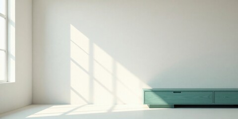 Poster - Serene Minimalist Room Interior Design Featuring a Light Teal Low Cabinet Basking in Sunlight Streaming Through a Window
