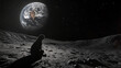 © PhotoArtHub - A dog sitting on the moon looking at Earth with stars in the background, showcasing the concept of space exploration, solitude, and adventure beyond Earth.