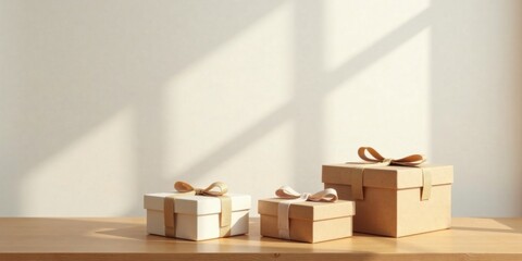 Poster - Sunlit Wooden Surface Displaying Three Elegantly Wrapped Gifts with Delicate Bows