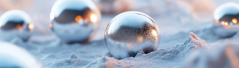 Canvas Print - Multiple metallic spheres with different textures are arranged throughout a sandy terrain in a futuristic environment, illuminated by softened ambient light, creating an ethereal atmosphere