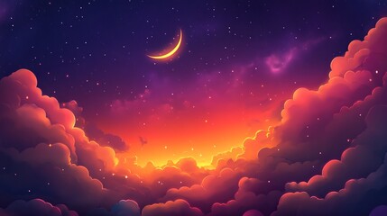 Wall Mural - ramadan kareem celebration background with glowing crescent moon, shimmering stars, and soft illumin