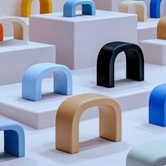 Poster - Pastel Colored Arch Shapes on Platforms 3D Render