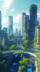 Wall Mural - Futuristic cityscape with greenery-covered skyscrapers and elevated roads