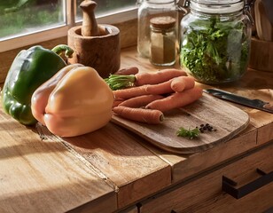 Wall Mural - Fresh vegetables and spices creating a vibrant kitchen scene