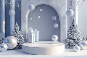 Wall Mural - photographing winter-themed for cosmetic products empty podium