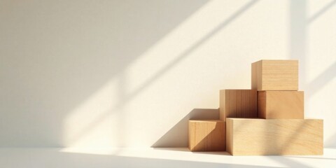 Poster - Serene Wooden Blocks Arranged on a White Surface, Bathed in Soft Sunlight