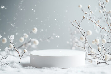 Wall Mural - photographing winter-themed for cosmetic products empty podium