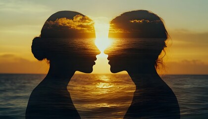 Poster - Silhouette of Two Women Facing Each Other at Sunset Over Ocean
