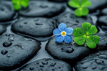 Wall Mural - Zen garden still life with a blue flower four leaf clover and dark smooth stones all covered in fresh water droplets