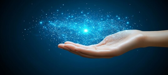 Poster - Abstract Network of Connections and Data Points held Glowing in Palm of Hand, Deep Blue Background