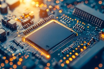Poster - Printed Circuit board with Microchips and other Components During Production Process. Electronics Manufacturing.
