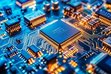 Poster - Printed Circuit board with Microchips and other Components During Production Process. Electronics Manufacturing.