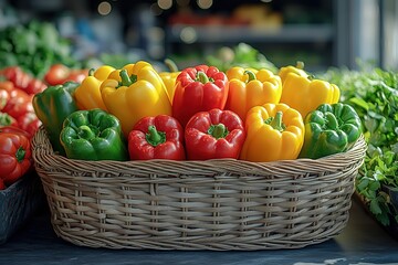 A vibrant array of colorful bell peppers in a woven basket capturing the essence of a fresh and healthy harvest at a local produce market