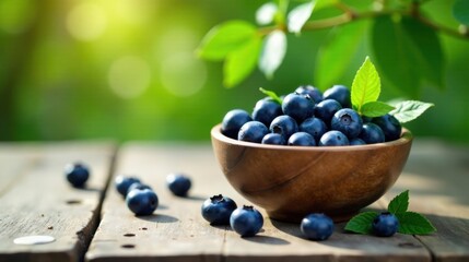 Aufkleber - A wooden bowl brimming with freshly picked blueberries rests on a rustic wooden table, surrounded by additional berries and lush green foliage, bathed in warm sunlight.