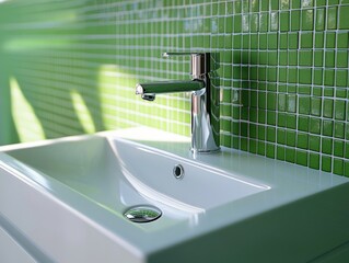 Canvas Print - Elegant Green Tiled Bathroom with Modern Silver Faucet and Sink