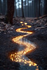 Sticker - A golden river winds through a mystical forest, illuminated by the glow of medicinal plants. This enchanting pathway glimmers in the fading light, inviting exploration