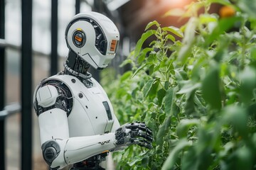 Poster - Robot carefully interacting with green plants, highlighting futuristic agricultural automation .