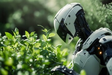 Poster - Robot carefully interacting with green plants, highlighting futuristic agricultural automation .