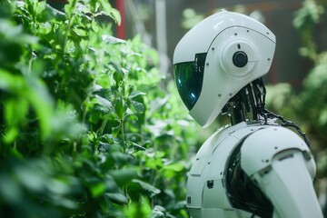 Poster - Robot carefully interacting with green plants, highlighting futuristic agricultural automation .