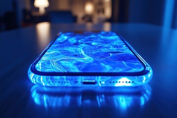 Poster - A glowing phone with blue water patterned screen sits on a reflective surface radiating a cool modern aesthetic