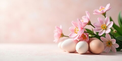 Poster - Delicate Pink Blossoms and Softly Colored Eggs Resting on a Pale Surface