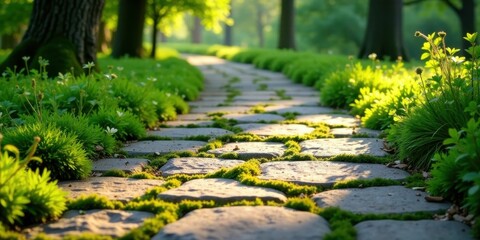 Aufkleber - Serene Pathway Through Verdant Meadow, Sunlit Stone Walkway, Mossy Cobblestones, Lush Greenery, Tranquil Garden Scene