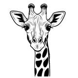 Hand drawn giraffe decal illustration featuring detailed wildlife animal portrait monochrome nature safari artistic pattern black white head design