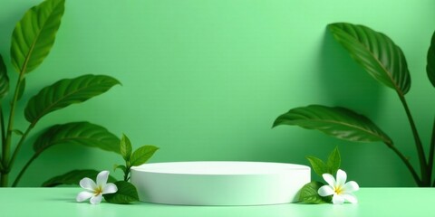 Poster - Serene Green Backdrop Featuring a White Cylindrical Display Platform Adorned with Delicate White Blossoms and Lush Green Foliage