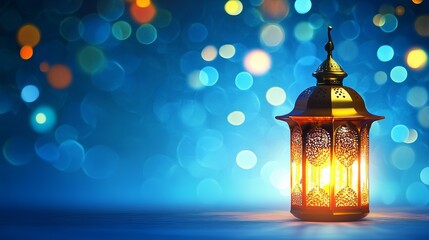 Wall Mural - elegant ramadan kareem greeting card design featuring a glowing traditional lantern with soft bokeh 