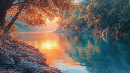 Wall Mural - Serene Sunset over a Calm Lake in a Picturesque Forest