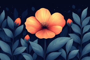 Wall Mural - Floral fantasy: dreamy orange flower and buds amongst tranquil blue-grey leaves against a dark soft-lit backdrop