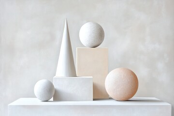 Poster - abstract geometric shapes are elegantly arranged on a white pedestal against a soft, textured backdr