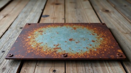 Poster - Rustic Metal Plaque with Distressed Teal and Rust Patina on Weathered Wooden Surface