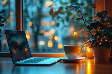 Poster - Cozy workspace: laptop coffee and plant by the window creating a serene ambiance for productivity and relaxation